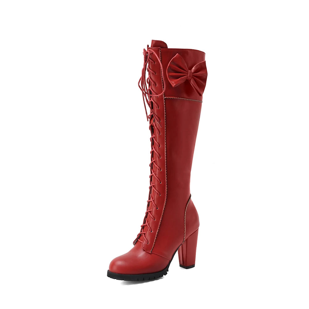 Winter Sweet Women Knee High Boots PU Leather Round Toe 7cm High Block Heels Bowtie Lace-up Lolita Lady Zipper Long Riding Boots
