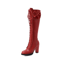 Winter Sweet Women Knee High Boots PU Leather Round Toe 7cm High Block Heels Bowtie Lace-up Lolita Lady Zipper Long Riding Boots