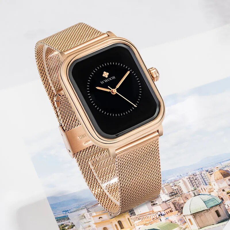 WWOOR 2023 New Design Women Watches Top Brand Luxury Rose Gold Rectangle Watch Ladies Black Exquisite Quartz Wristwatch For Gift