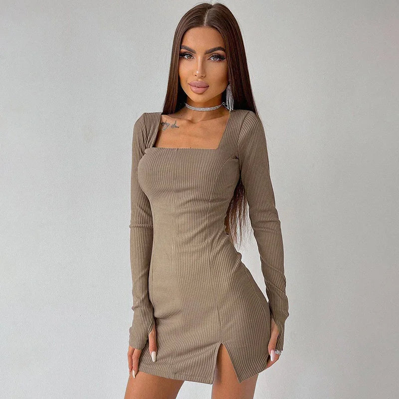 Sibybo Green Knitted Long Sleeve Autumn Dress For Women Square Neck Slim Bodycon Mini Dresses Femme Club Party Outfits Clothes