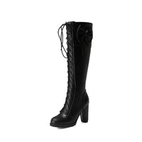 Winter Sweet Women Knee High Boots PU Leather Round Toe 7cm High Block Heels Bowtie Lace-up Lolita Lady Zipper Long Riding Boots