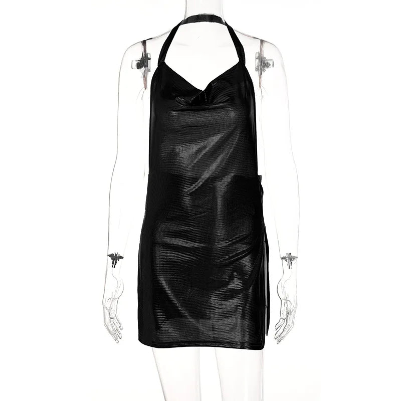 Wholesale Fashion Halter Shiny Bodycon Dress Backless Casual Club Mini Slit Dresses Women