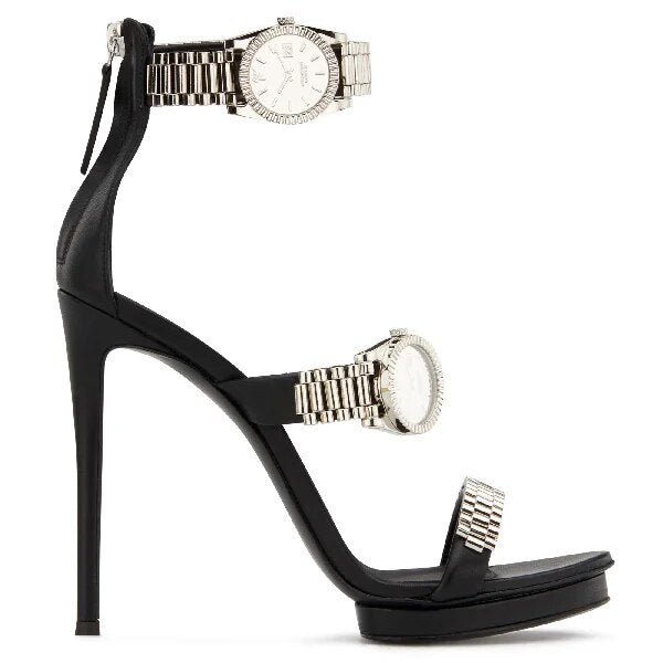 2021 Luxury Gold Metal High Heel Sandals Women Watch Buckle Stilettos Pumps Sandals Summer Sexy Open Toed Catwalk Party Heels