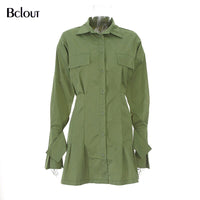 White Short A Line Dress Women New Office Lady Dress Solid Tunic Shirt Dress Female Pocket Cotton Dresses Autumn Green Vestido