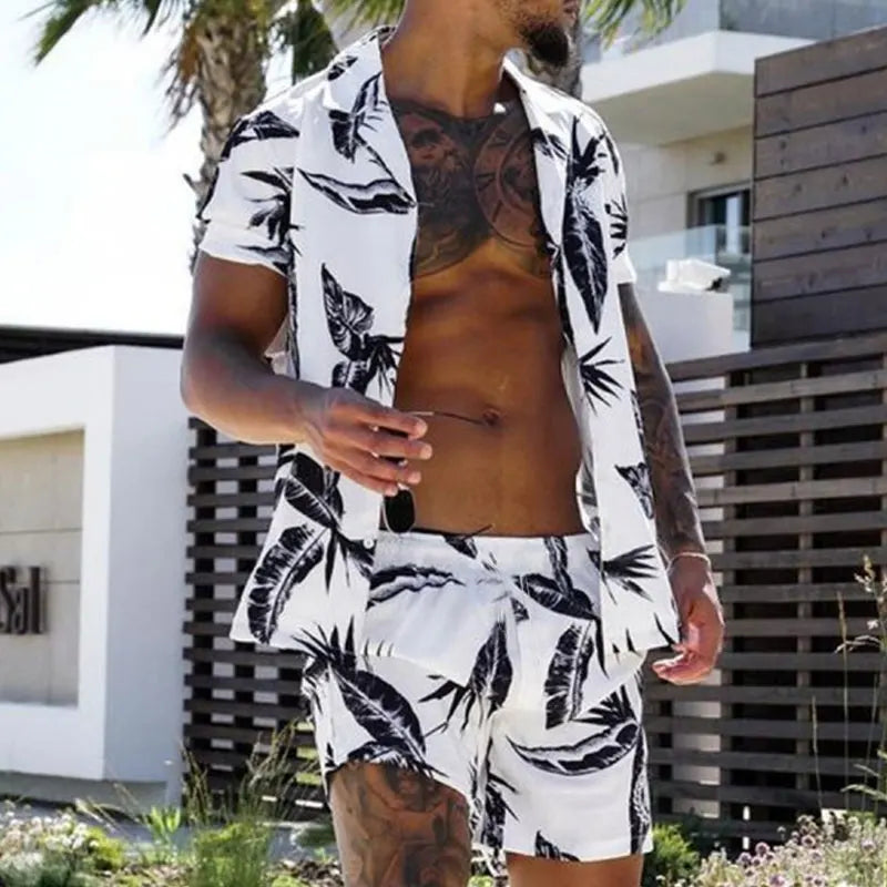 2023 Summer Men Clothing Set Casual Hawaiian Print Short Sleeve Shirt and Beach Shorts Quick-drying 2 Piece Suit
