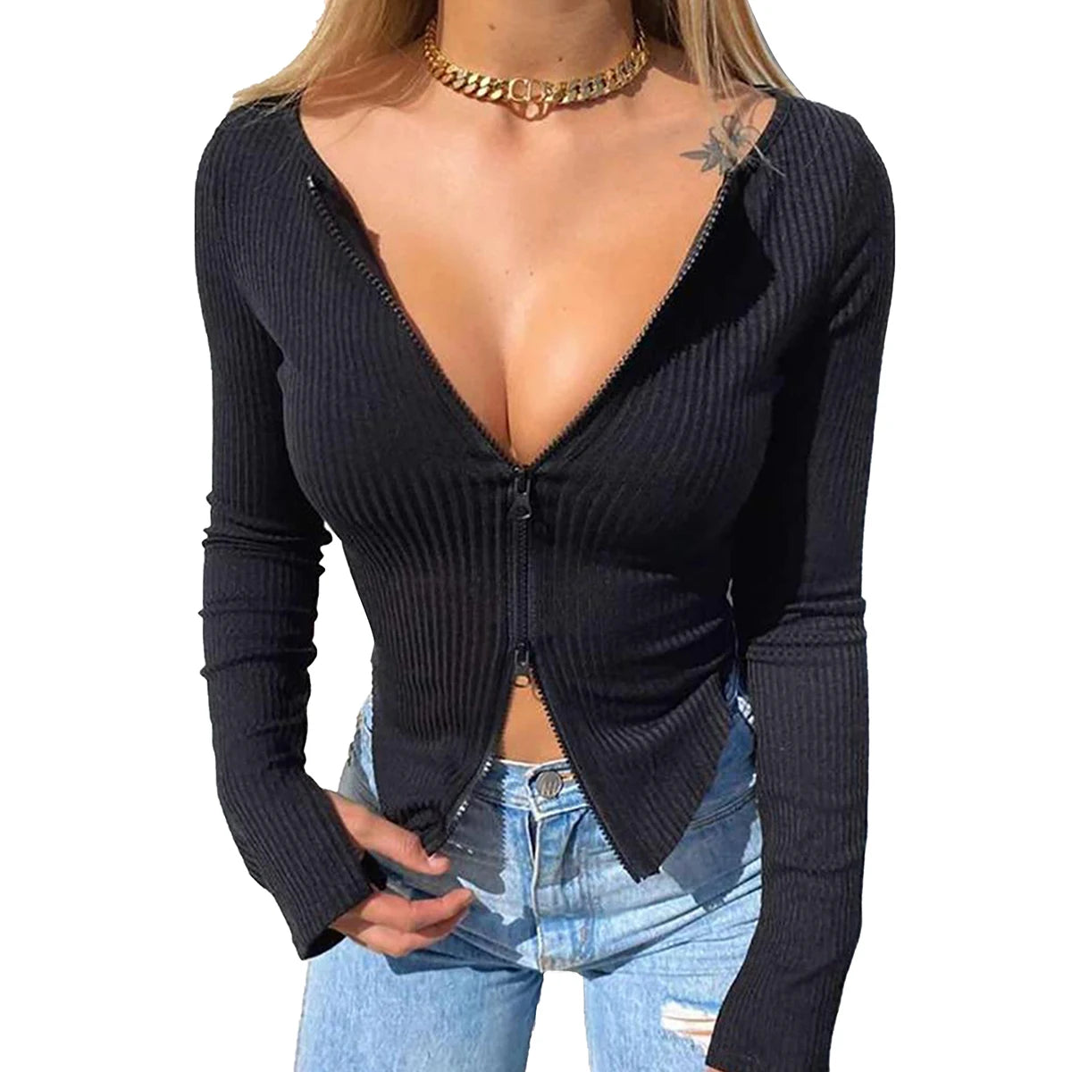 Women T-shirt Spring Autumn Clothes Ribbed Knitted Long Sleeve Crop Tops Zipper Design Tee Sexy Female Slim Black White Tops