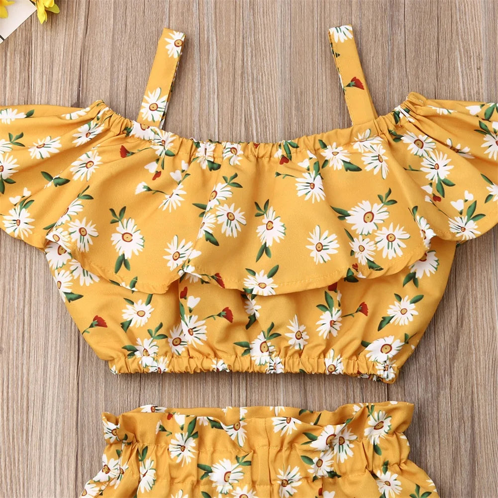 Newest Fashion Summer Toddler Baby Girl Clothes Off Shoulder Ruffle Sling Crop Tops Short Pants 2Pcs Outfits Clothes