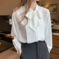 New Bow White Blouse Women 2022 Button Office Lady Long Sleeve Blue Chiffon Shirt Autumn Tops Woman Clothes Pocket Womens Shirts