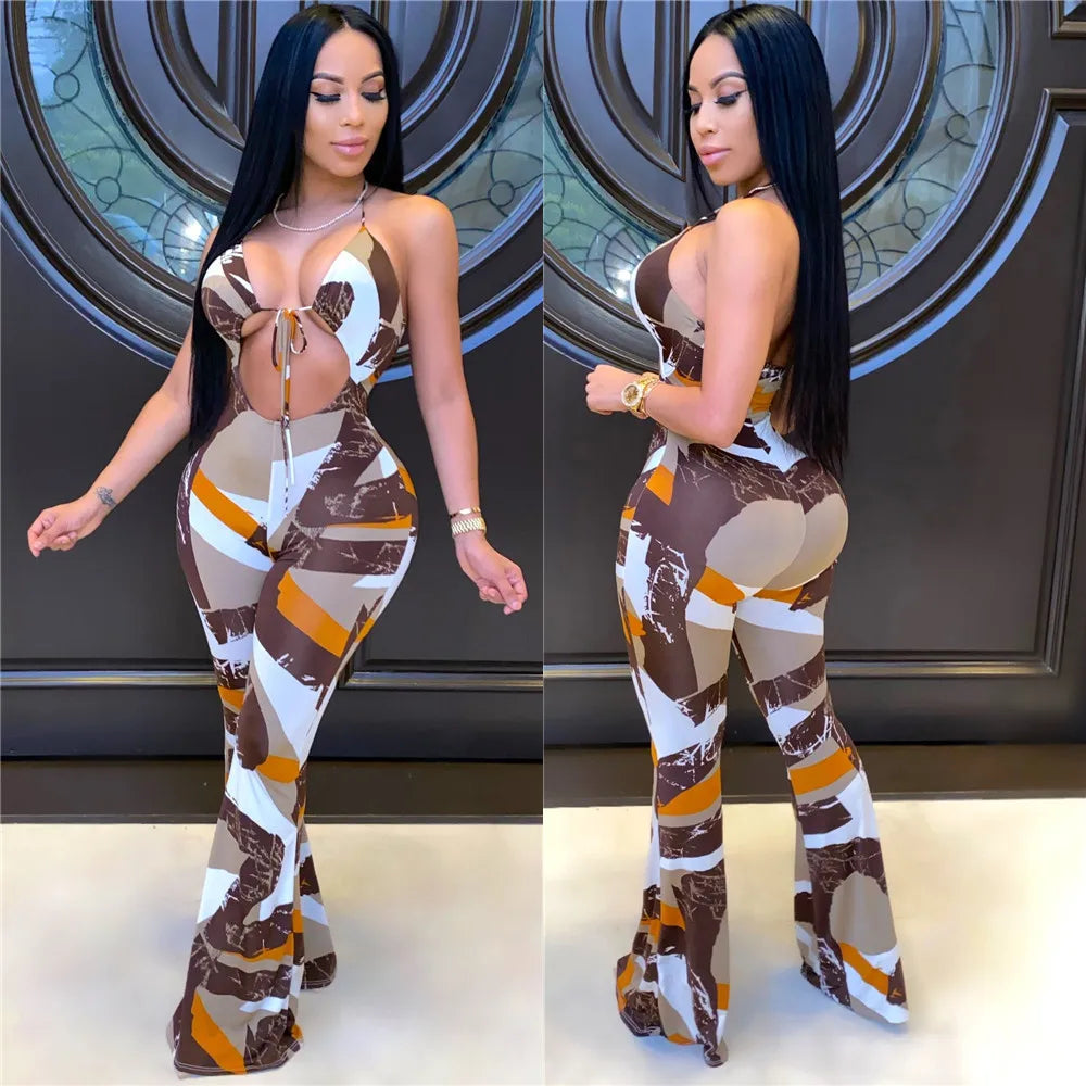 Brown Multi Palazzo Jumpsuit Women Clothing Sexy Outfits for Woman Night Club Wide Leg Romper Dropshipping