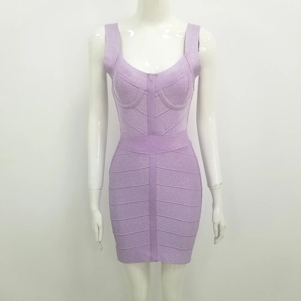 High Quality Purple Bright Bodycon Sexy Fashion Rayon Bandage Dress Cute Evening Party Dress Vestidos