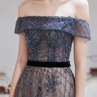 Dubai Dark Blue Evening Dresses Sexy Off Shoulder New Arrivals Luxury Beaded Beading Formal Gown for Women