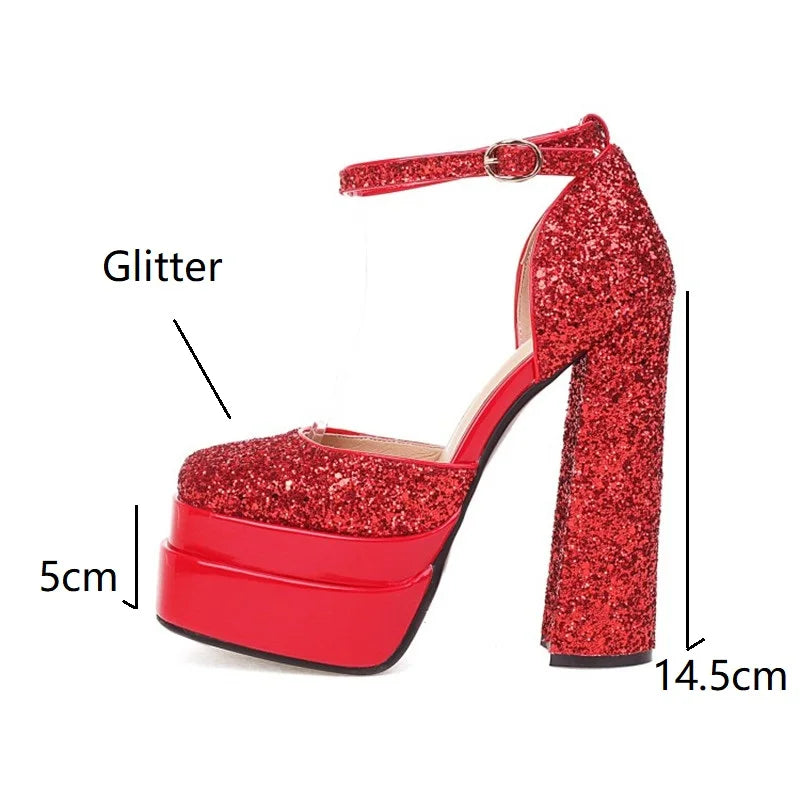 LeShion Of Chanmeb Luxury Brand Gold Silver Glitter Pumps Woman Gothic Chunky Red High-heeled Wedding Club Party Platforms Shoes