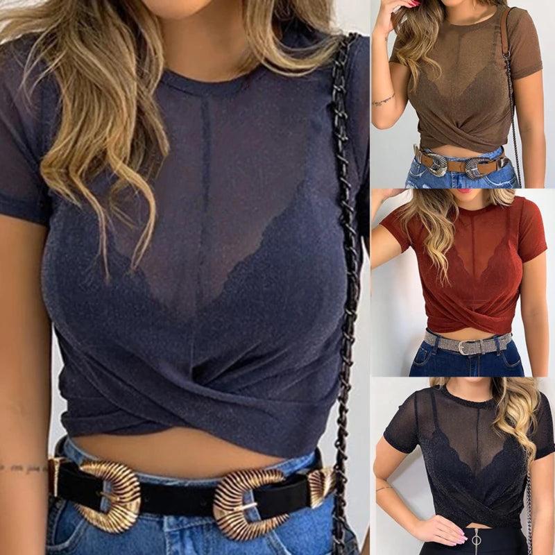 Summer Women's Sexy See Through Mesh Blouse Short Sleeve Transparent Shining Elegant Shirt Fashion Women Tops