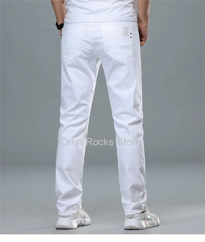 White Jeans Men Plus Size 36 38 40 Loose Oversized Red Trousers Stretched Denim Mens Casual Slim Fit Straight Elastic Man Pant
