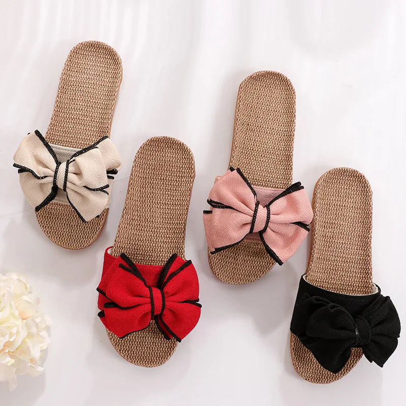 New  Butterfly-Knot Home Slippers Summer Cool Eva Slippers Women Linen Belt Slides Female Sandals Flip Flops