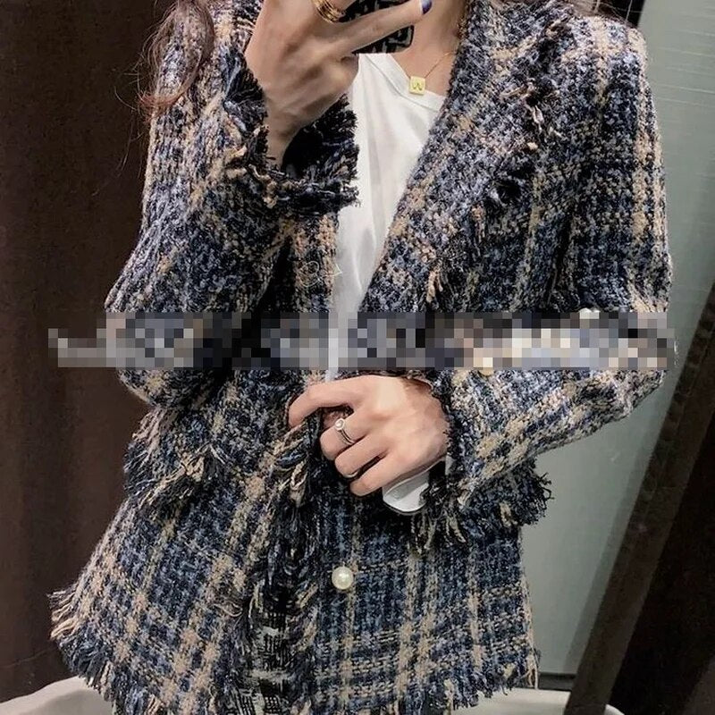 Stylish Chic Tassels Tweed Jacket Women 2023 Fashion Turn-down Collar Single Breasted Pockets Coat Female Casual Outerwear Y877