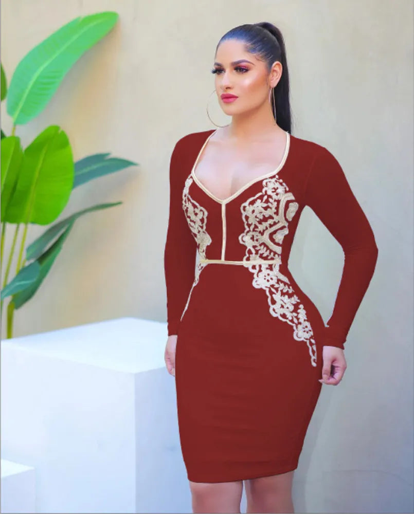 Sexy Women V-Neck Long Sleeve Bodycon Lace Party Dress Office Lady Bandage Pencil Dress Vestidos