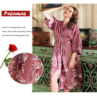 Japanese Style Long Loose Satin Peacock Woman Yukata Dress Pajamas Oriental Crane Kimono Haori Chinese Qipao Nightgown Robe