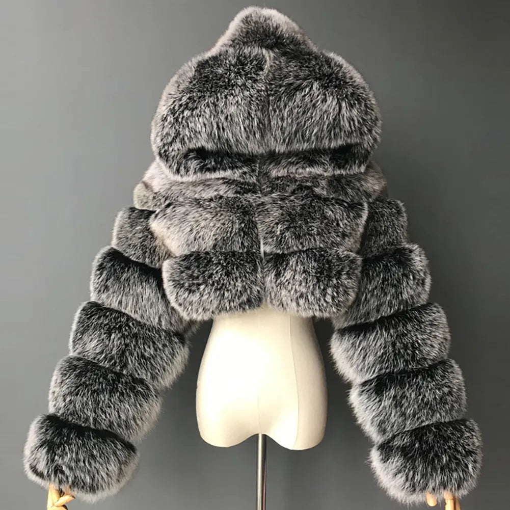 Loose Thick Fur Plush Jacket Women Girls Fashion Winter Faux Fur Cropped Coat Fluffy Zip Hooded Warm Short Jacket