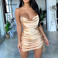 Josiaoprah Satin Mini Summer Dress Women Ruched Pleated Sleeveless Short Beach Dress Drawstring Casual Dress Female Vestidos