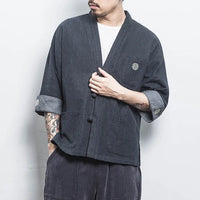 Mens Denim Shirts  Summer Men Casual Cardigan Male Chinese Style Shirt Three Quarter Streetwear Open Stitch Shirts Men Dress