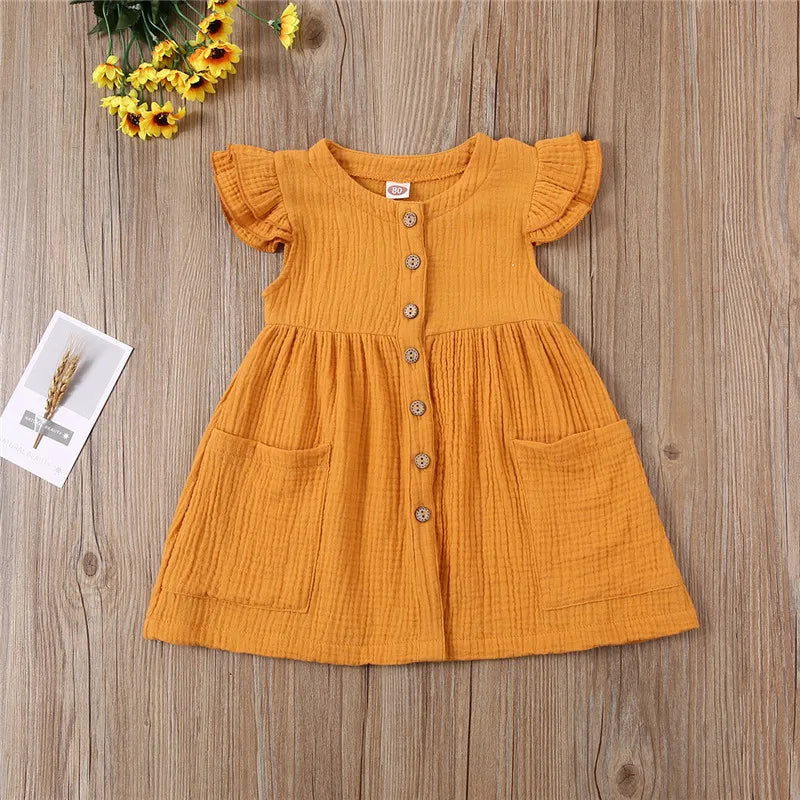 Toddler Kid Baby Girl Summer Dress Ruffles Sleeves Cotton Linen Party Children Girls Casual Button Pocket Dress Sundress Clothes