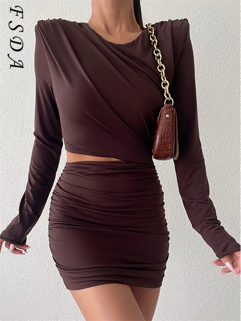 FSDA 2021 Hollow Out Bodycon Dress Mini Women Brown Autumn Winter Sexy O Neck Long Sleeve Elegant Party Dresses Black Club