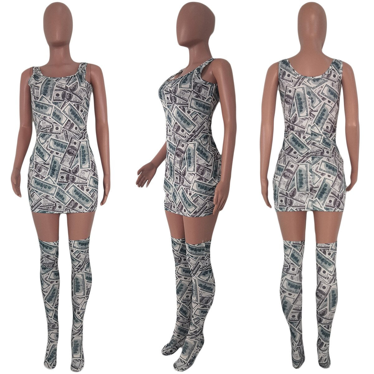 Woman Sleeveless dress USD Money Printed U Neck Bodycon Mini dress with sock S-XL YY5134