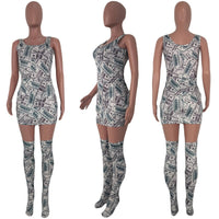 Woman Sleeveless dress USD Money Printed U Neck Bodycon Mini dress with sock S-XL YY5134