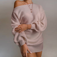 Cryptographic Casual Knitted Mini Dress Women Autumn Winter Sweaters Balloon Long Sleeve Knitwear Women&#39;s Dresses Loose Jersey