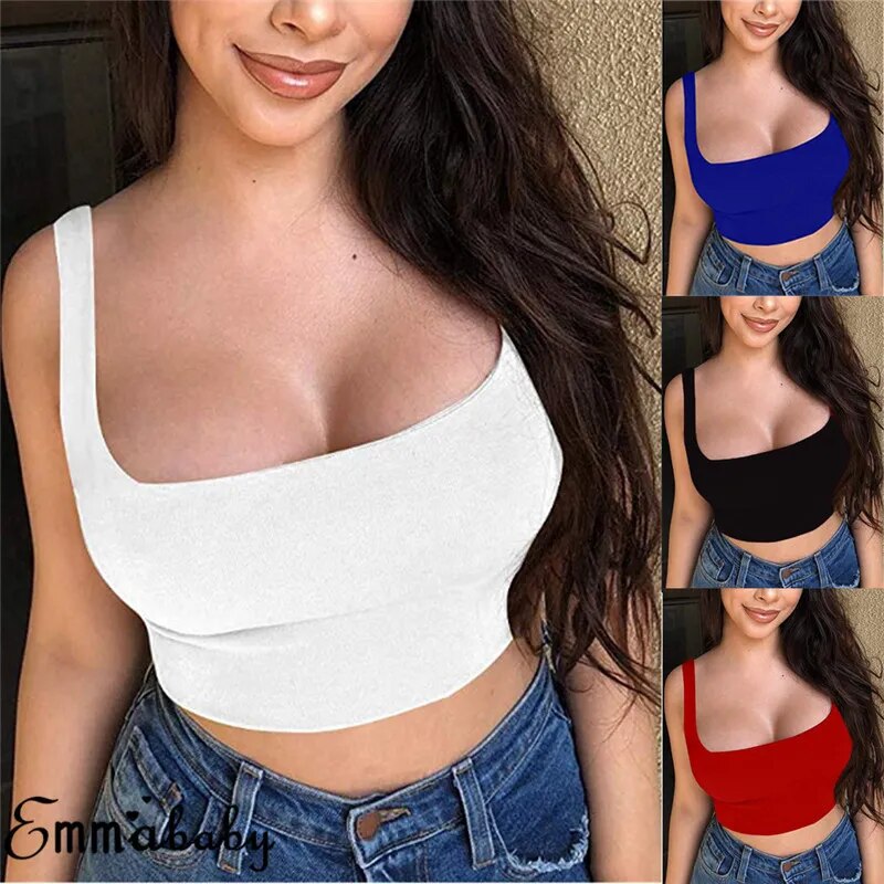 Sexy Women Solid Strappy Tank 2020 Vest Crop Top Summer Beach Party Sleeveless Slash Neck Tanks Woman Girls Bralette Tank Top