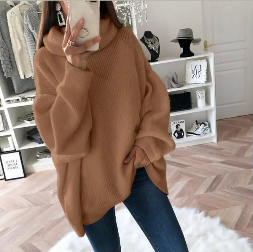 Women long sleeve turtleneck knitted sweater pull femme oversized sweater fall 2020 white/pink/brown sweaters for women