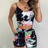 Women 2-piece Outfit Set Summer Flower Printed Sleeveless V-neck Blouse + Shorts Set Female High Waist Hot Shorts Pants Sets