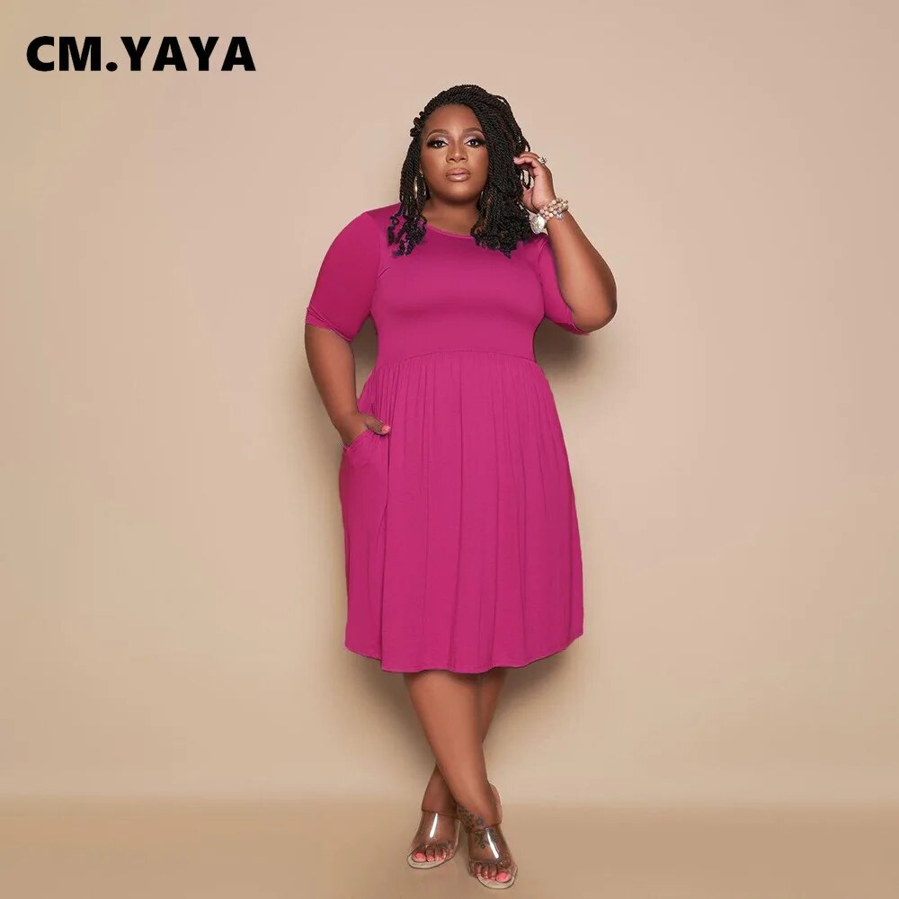 CM.YAYA Women Plus Size Dress Solid Short Sleeve O-neck Stretchy Loose Knee Length Dresses Casual Fashion Vestidos Summer 2021