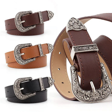 Vintage Western Carved Pin Buckle Women Belt Punk Black Brown PU Leather Width Belt Female Jeans Straps Ladies Dresses Waistband