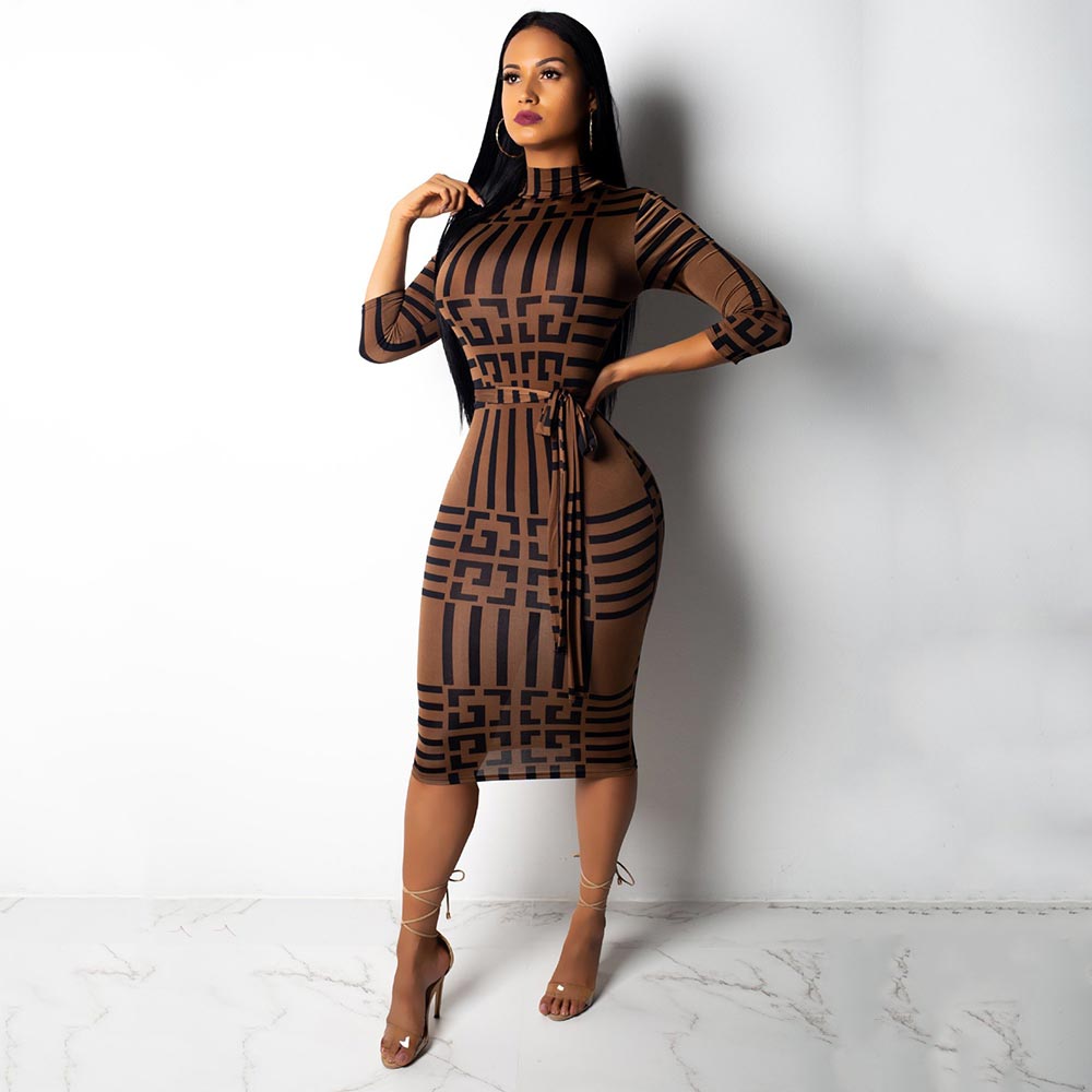 Women Sexy Turtleneck Short Sleeve Print Bodycon Midi Dress