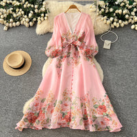 Summer V-Neck A-Line Maxi Dress for Women Empire Printed Dress