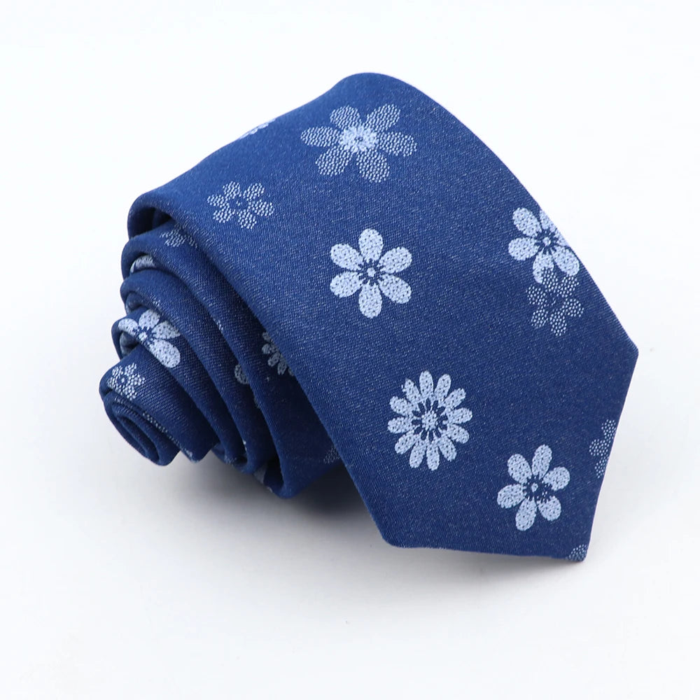 New Cotton Denim Ties For Men 7CM Floral Feather Dot Blue Neck Tie For Wedding Party Casual Print Slim Neckties Daily Wear Gift