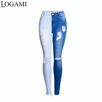 LOGAMI Skinny Ripped Jeans Woman 2021 Contrast Color Slim Jeans For Women Denim Pants