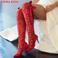 Fashion Black Lace Over The Knee Boots Lace Up Gothic Thigh High Boots High Heels Long Bridal Boots Pointed White Wedding Boots