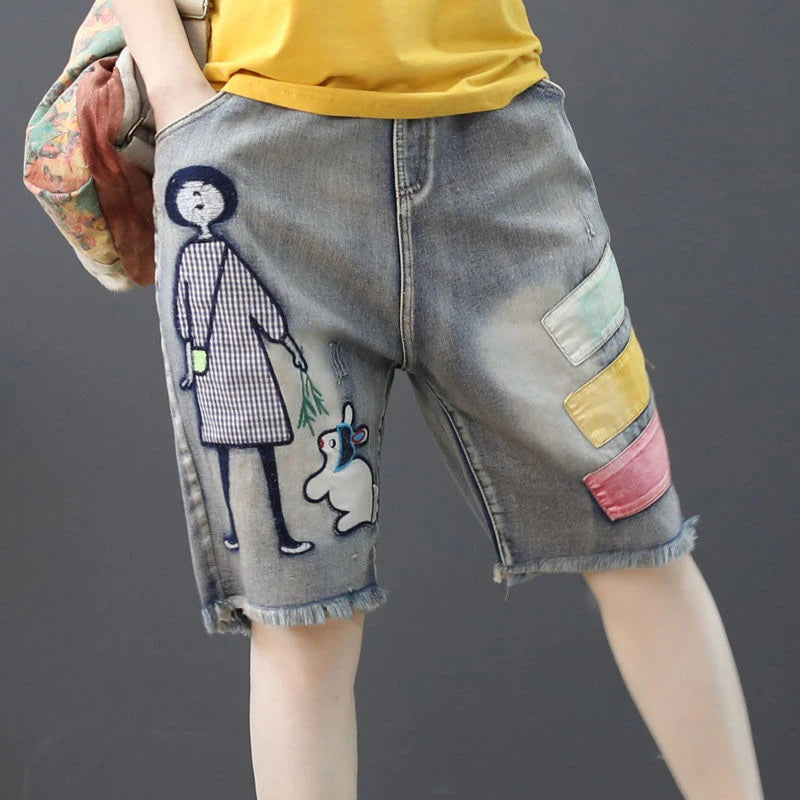 Summer New Arts Style Women Elastic Waist Vintage Denim Shorts Jeans Feminino Patchwork Embroidery Ripped Jeans S839