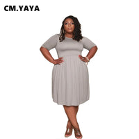 CM.YAYA Women Plus Size Dress Solid Short Sleeve O-neck Stretchy Loose Knee Length Dresses Casual Fashion Vestidos Summer 2021