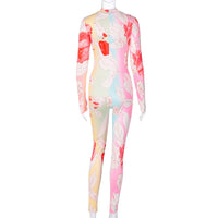 Sexy women tie dye print full sleeve autumn jumpsuits skinny elastic sporty overalls