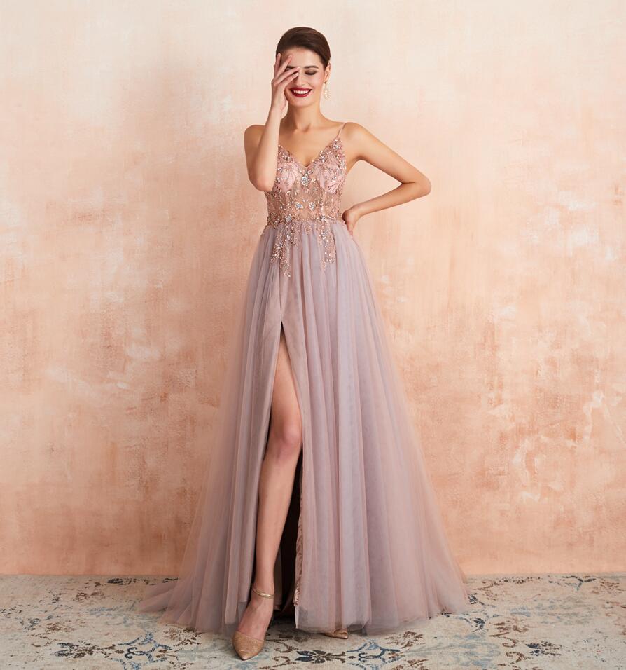 Pink Beaded Prom Dresses Plus Size 2023 Long Elegant See Through A Line Split Tulle V Neck Spaghetti Strap Evening Gown