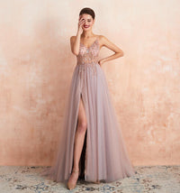 Pink Beaded Prom Dresses Plus Size 2023 Long Elegant See Through A Line Split Tulle V Neck Spaghetti Strap Evening Gown