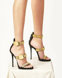 Black Golden Watch Embelished High Heel Sandals Gladiator Open Toe Woman Ankle Strap Thin High Summer Party Dress Shoes