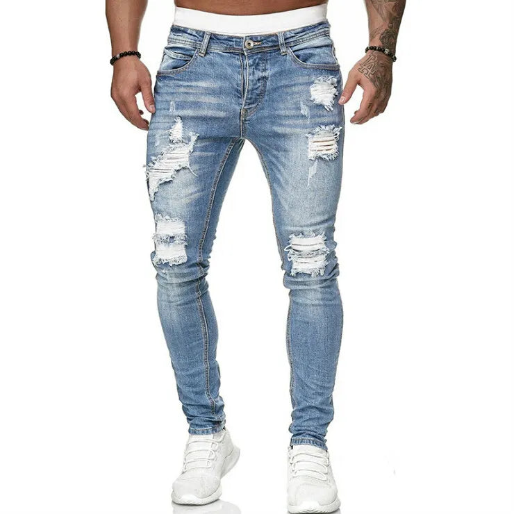 Plus Size Men's Holes Denim Pants Fashion Button Ripped Jeans Trousers Casual Autumn Summer Skinny Pencil Pants for Men S-3XL