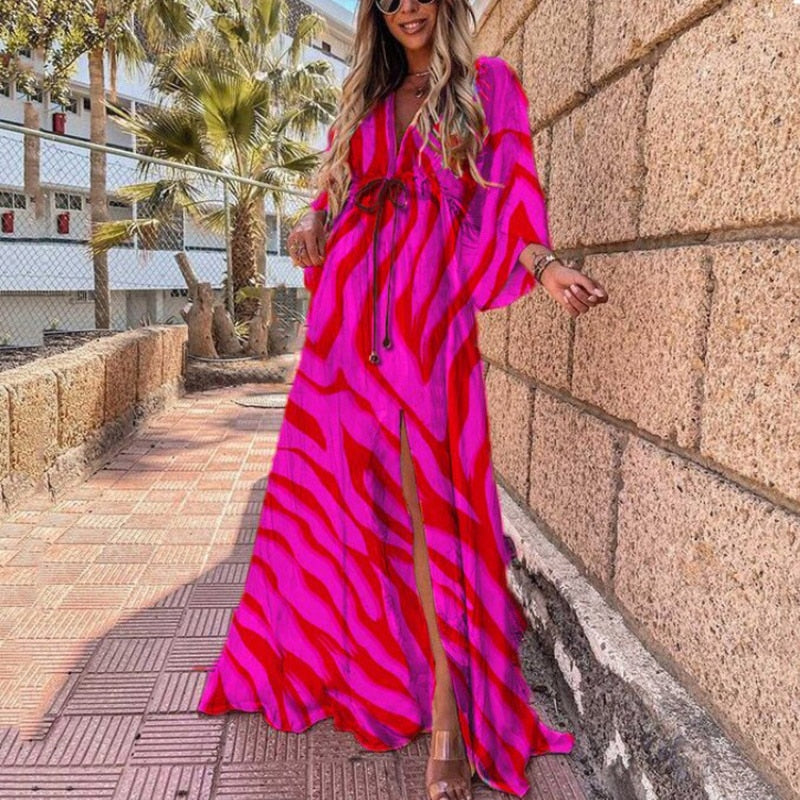 Elegant Deep V Neck Printing Hem Maxi Dresses Women Casual Button Elastic Waist Long Party Dress Summer Loose Slit Beach Dress