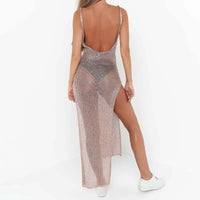 Women Sexy Summer Sunscreen Sheer Mesh Bikini Cover Up Metallic Solid Color Backless High Slit Beach Club Party Sleeveless Dress