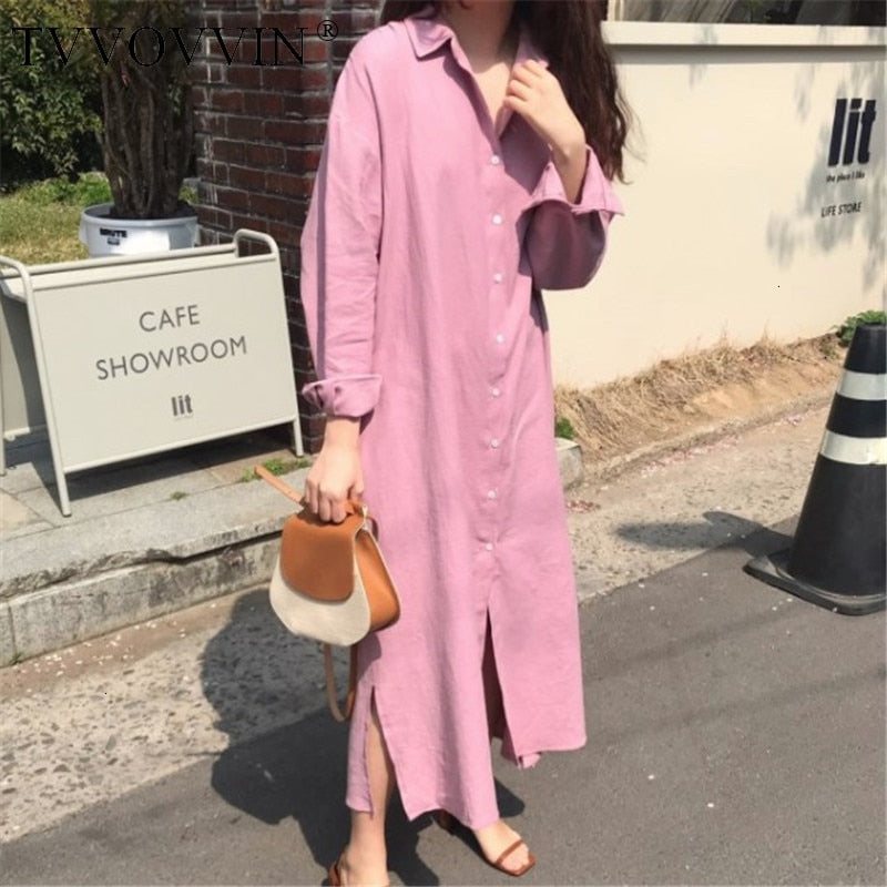 TVVOVVIN Easy Shirt Dress Urban Leisure Single Breasted Long Fund Loose Form Lazy Style Cotton And Linen Dresses L262